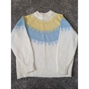 Vintage Genesis Sunburst Knit Sweater White Yellow Blue Pastel Mock Neck Medium